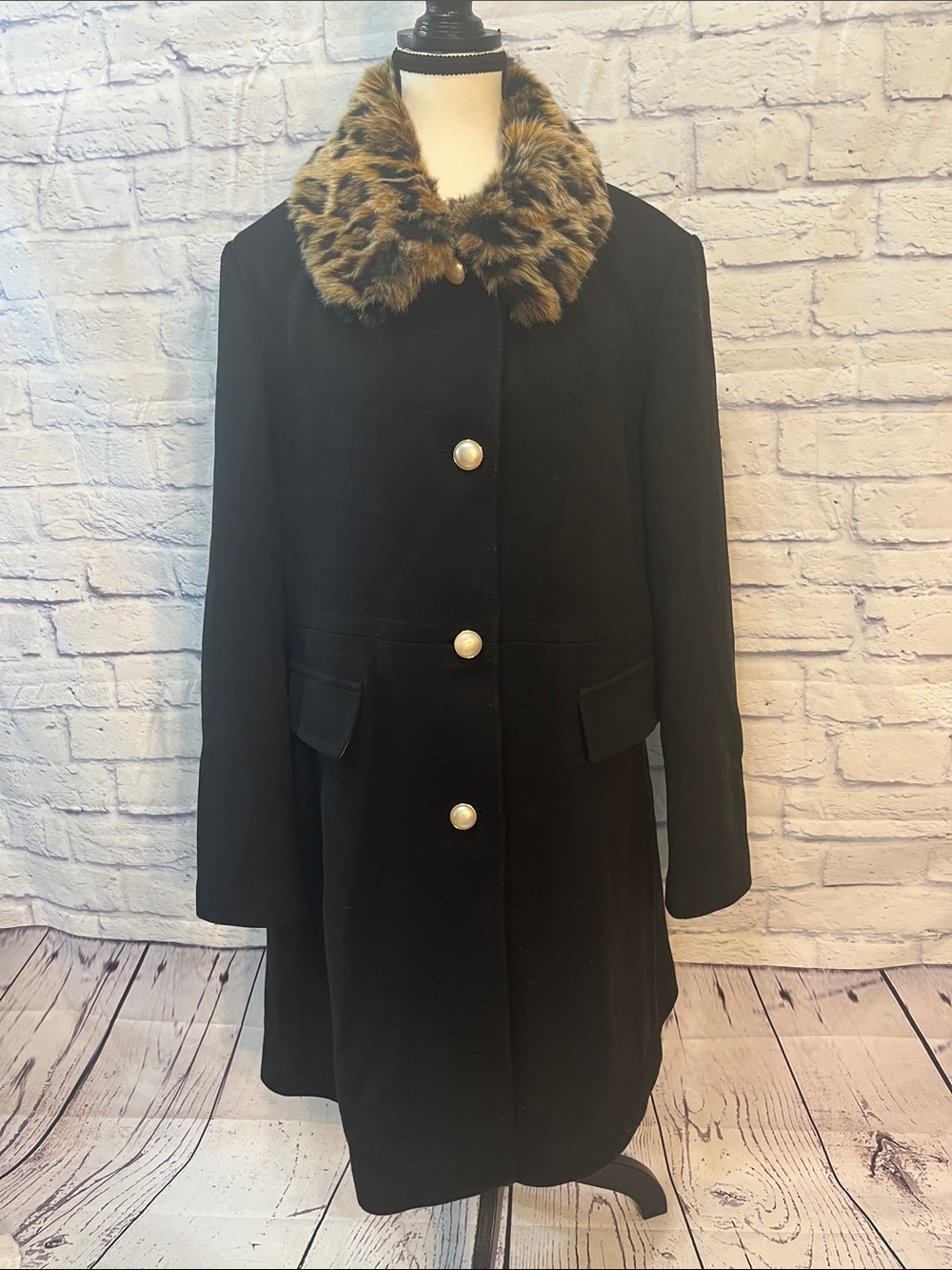 Kate Spade Faux Fur Trim Walker Coat Wool Blend Removable Collar Black Size XL - Picture 2 of 13